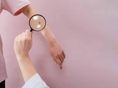 Someone inspecting arm with magnifying glass